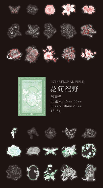 30pcs PET Transparent Stickers Plant Flowers Decorative Labels Scrapbooking Collage Material Diary Stationery Supplies