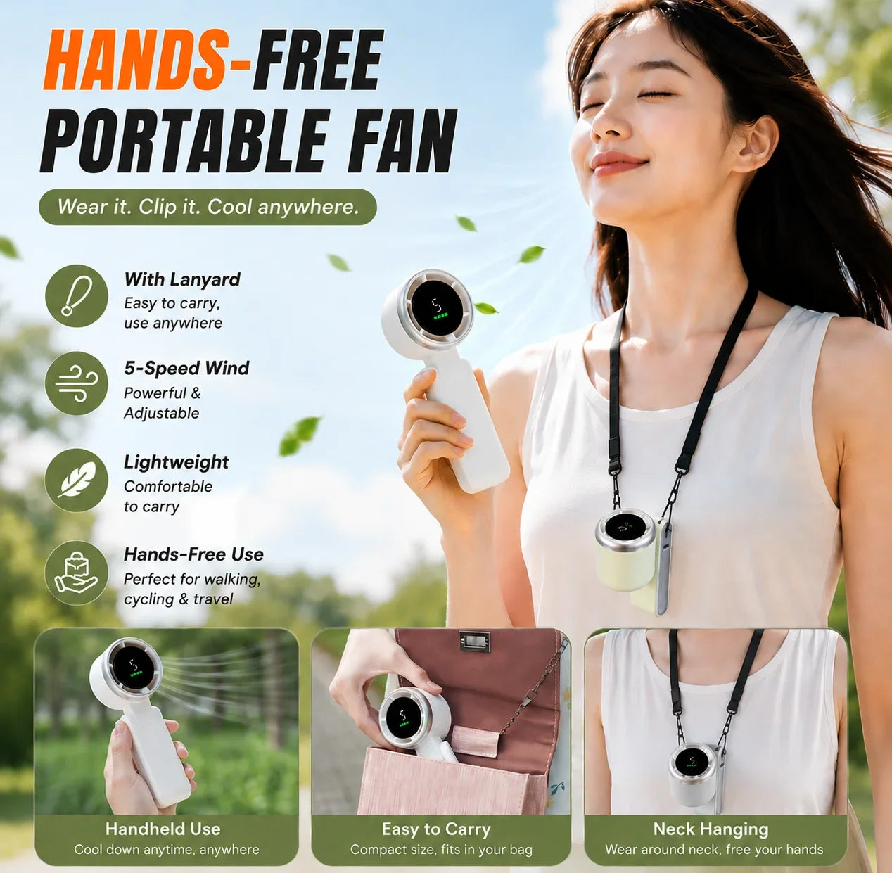 Mini Fan Portable Handheld Fan 5 Speed Wind Speed LED Display Outdoor Foldable/neck Hanging Brushless Silent Fan 2400mah