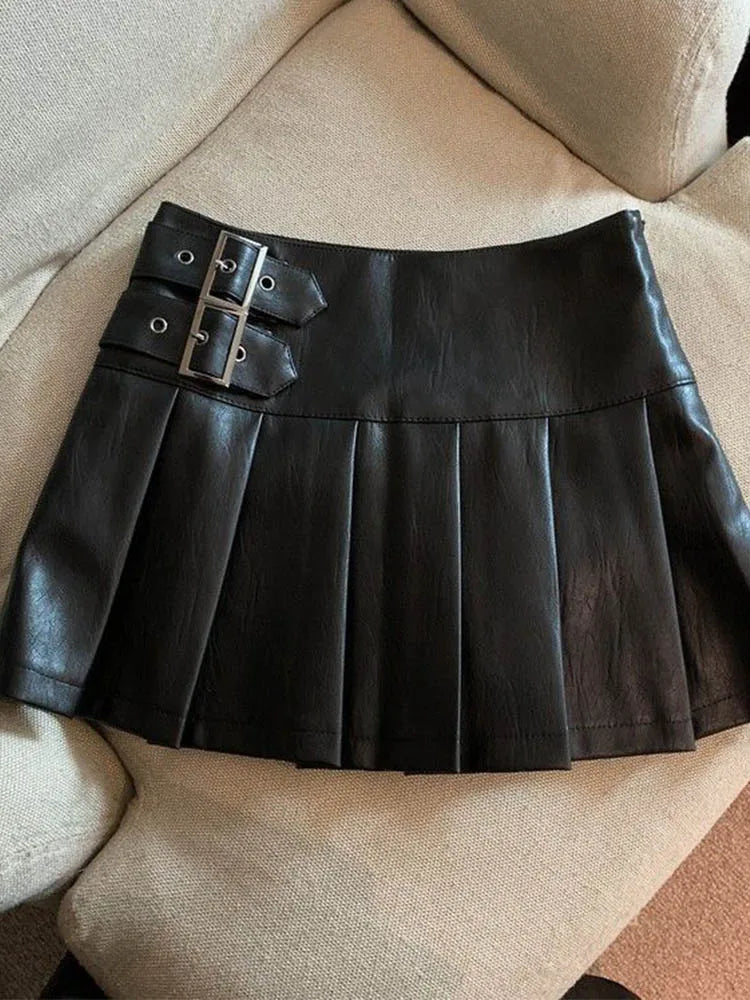 S-3XL Y2K Pu Leather Mini Skirts Women Streetwear High Waist Pleated Skirt Vintage Korean Black Slim Casual A Line Skirts