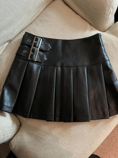 S-3XL Y2K Pu Leather Mini Skirts Women Streetwear High Waist Pleated Skirt Vintage Korean Black Slim Casual A Line Skirts