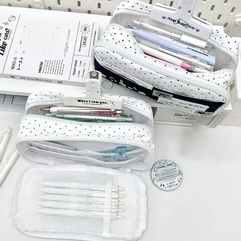 Multi-functional Black Polka Dot Pen Bag Large Capacity Multi-layer Pencil Case Portable Stationery Pouch Back To School