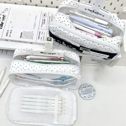 Multi-functional Black Polka Dot Pen Bag Large Capacity Multi-layer Pencil Case Portable Stationery Pouch Back To School