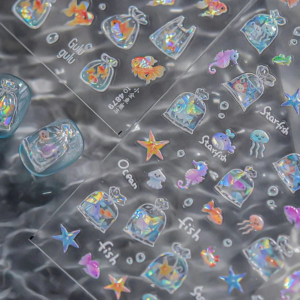 Colorful Bagful Jellyfish Bubbles Swimming Rings Rainbow Stars Ocean Starfish Self Adhesive 5D Nail Art Sticker Manicure Decal