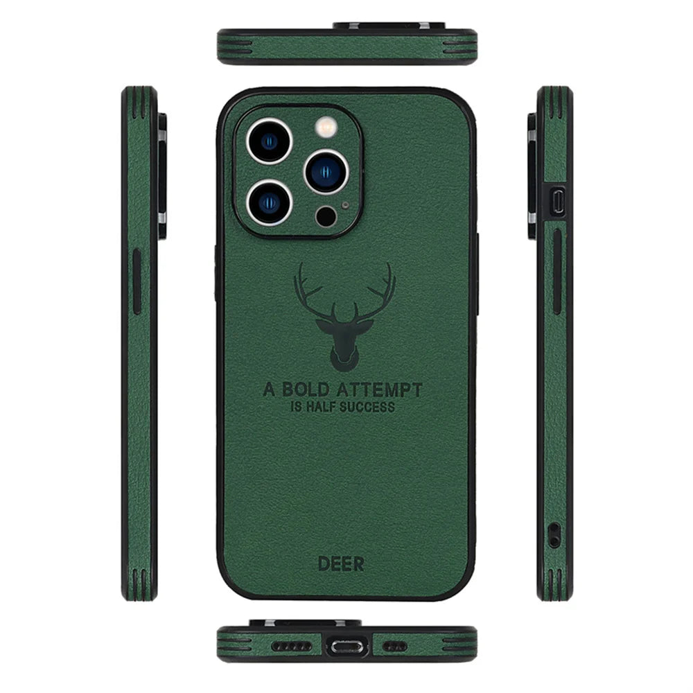 Luxury Business Leather Bumper Case For iPhone 17 Air 16 15 14 13 12 11 Pro Max Mini Plus Shockproof Soft Deer Head Back Cover