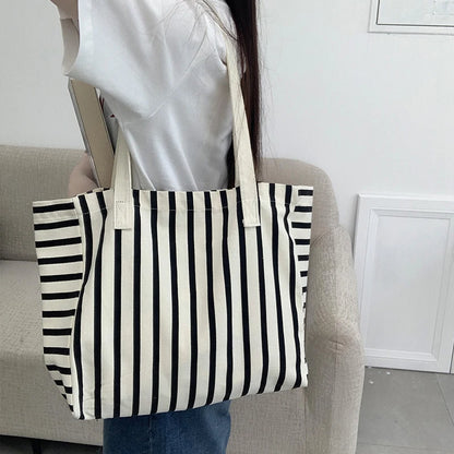 Striped Canvas Bag Beach Handbag Fashionable Women's Canvas Summer Large Capacity Shoulder Bag