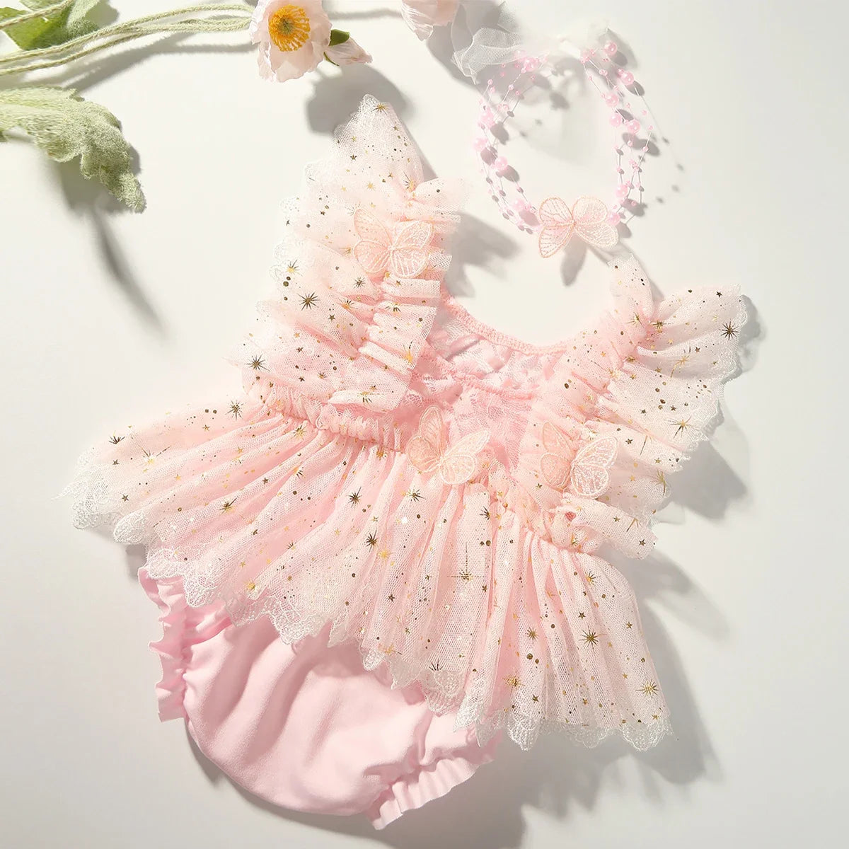 Baby Girl Outfit  Newborn Photography Princess Tutu Butterfly Glitter Star Lace Romper with Pearl Headband Infant Photo Props