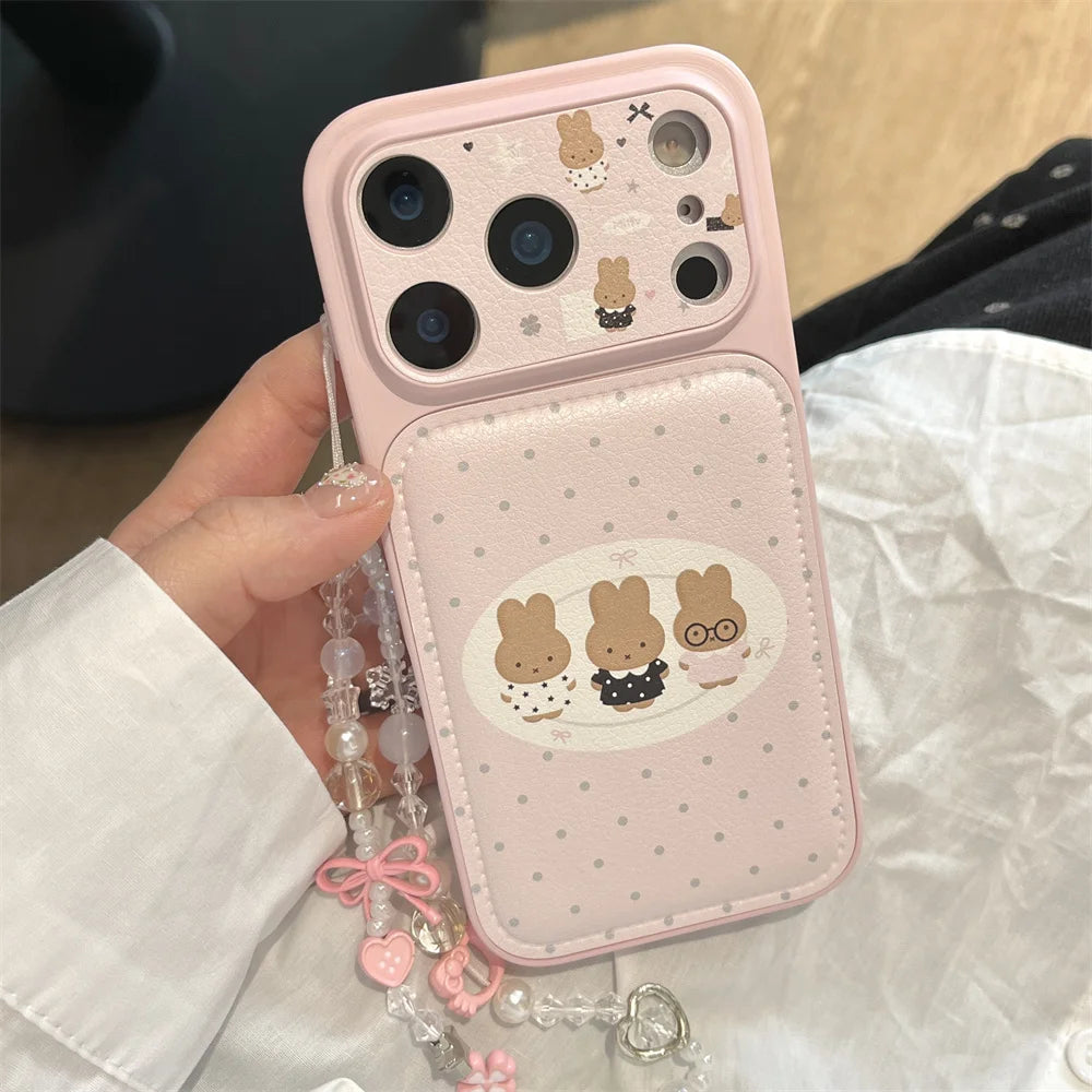 Polkadot Leather Funny Miffy Rabbit phone case for iPhone 15 Pro 14 13 16 Max 17 Pro Max Cover With Chain Cute Cartoon Cases Cap
