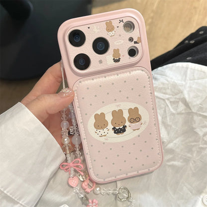 Polkadot Leather Funny Miffy Rabbit phone case for iPhone 15 Pro 14 13 16 Max 17 Pro Max Cover With Chain Cute Cartoon Cases Cap