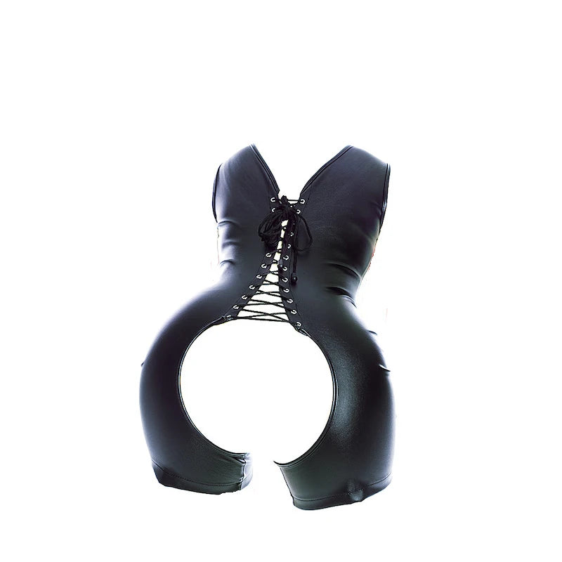 PU Leather Housewife Open Chest and Butt Tights Crotchless Bodysuit Harness Sexy Costume BDSM Bondage Rompers Sex Toys Women