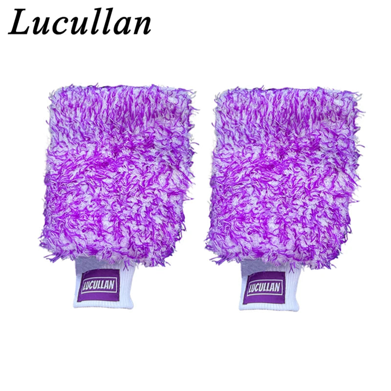 Lucullan Logo Premium Purple Microfiber Glove Super Absorbency Foam Stitch Inner Lining Car Wash Mitt