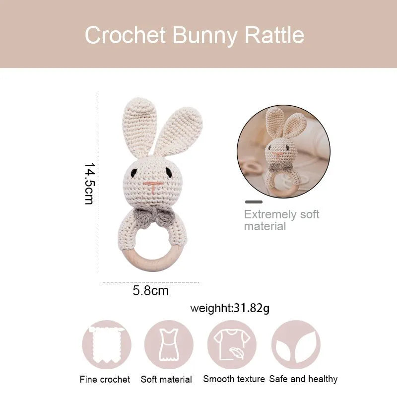 Baby Rattles Crochet Bunny Rattle Toy Wood Ring Baby Teether Rodent Baby Gym Mobile Rattles Newborn Educational Toys Gifts 1pc