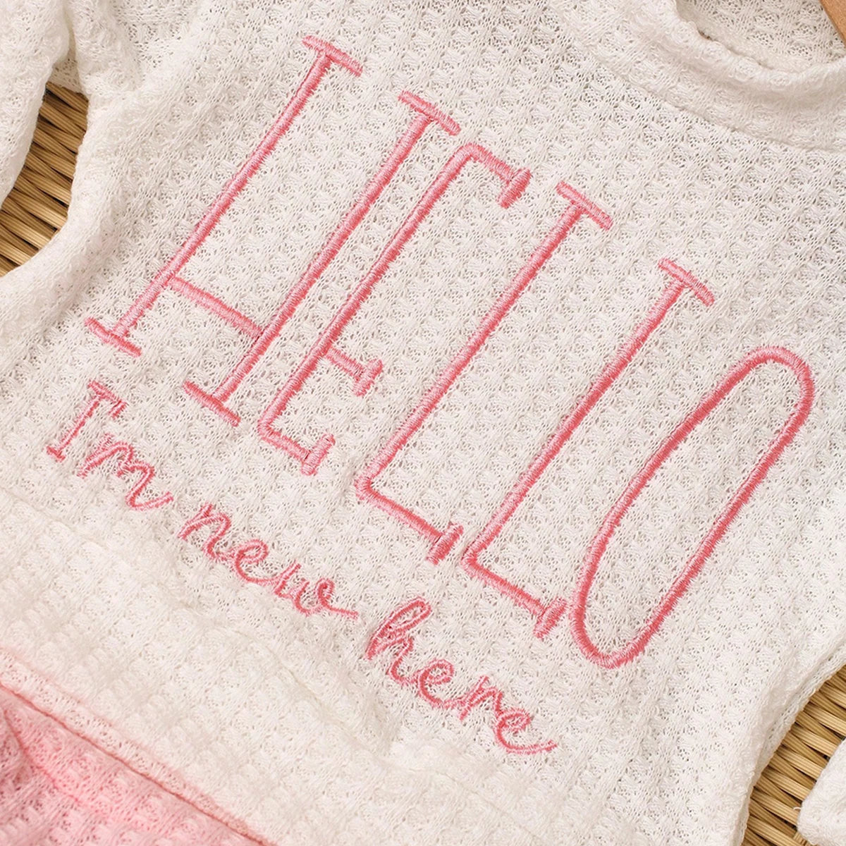 "Hello" Embroidery Newborn Photography Props Infant Romper Jumpsuit with Bow Hat Baby Coming Home Outfit Baby Photo Gift-HD