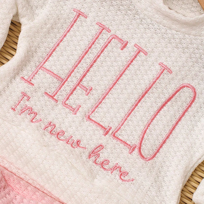 "Hello" Embroidery Newborn Photography Props Infant Romper Jumpsuit with Bow Hat Baby Coming Home Outfit Baby Photo Gift-HD