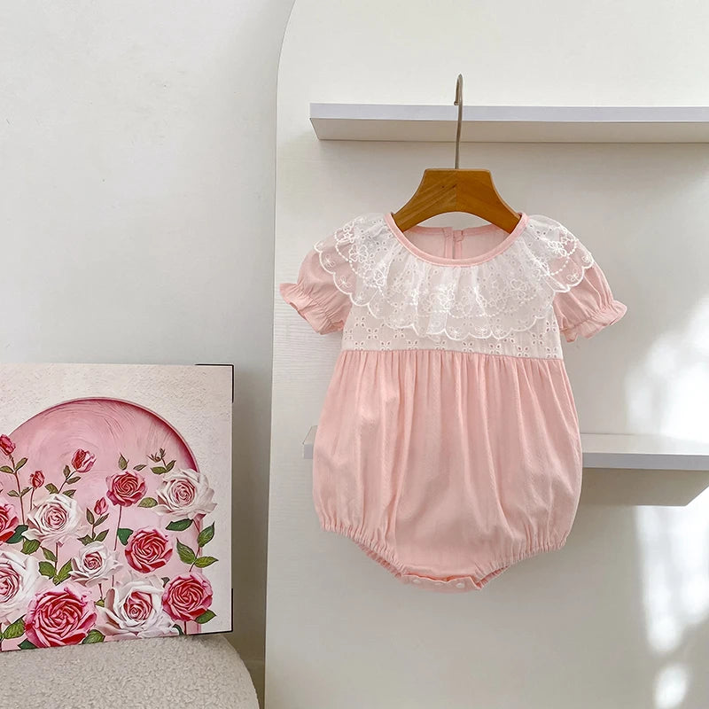 2026 New Newborn Baby Girl Bodysuits 0-24M Baby Girl Romper Summer Short Sleeved Cotton Lace Collar Baby Girl Jumpsuit