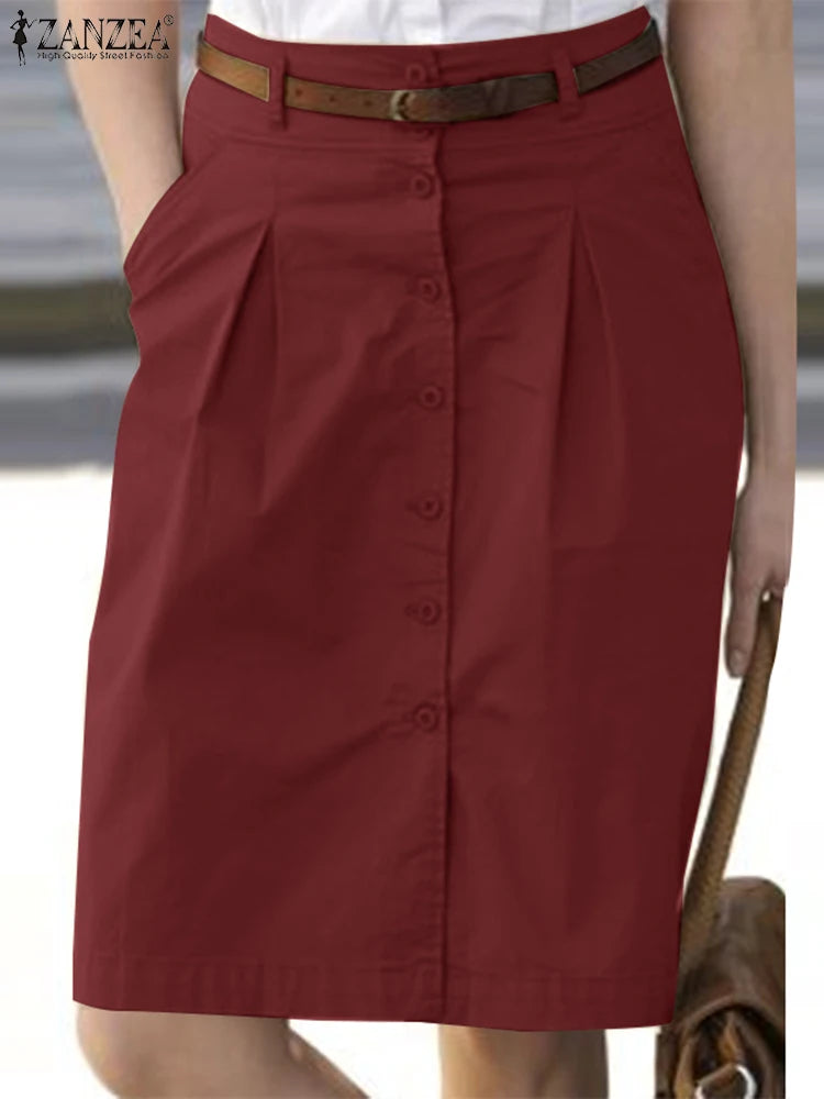 ZANZEA Woman Fashion OL Work Skirts Summer Elegant High Waist Skirt Female Casual Pleated Robe Vintage Buttons Up Faldas Saia