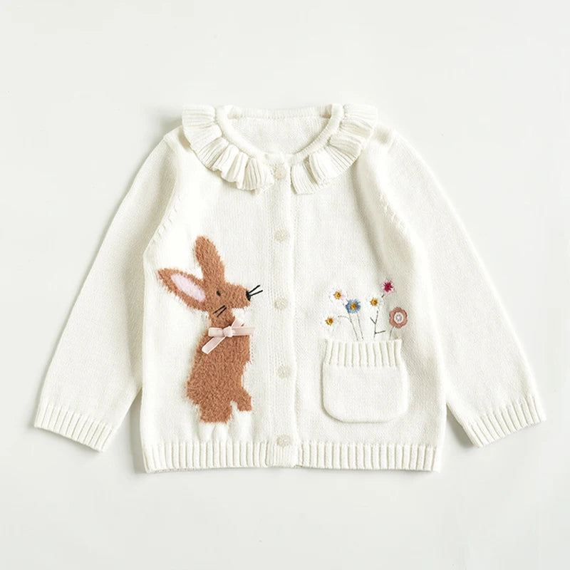 Baby Girls Embroidery Sweater Cardigan Autumn Fashion Cotton Floral Collar Kids Knitted Cardigan Rabbit Coat Outerwear Korean