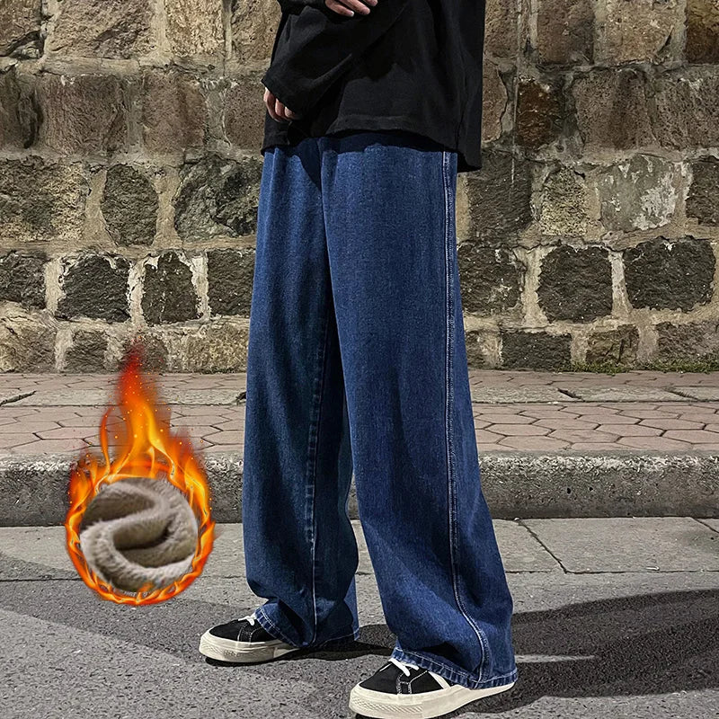 Men's Winter Fleece Loose Jeans Velvet Warm Elastic Waist Wide Leg Y2K Denim Pants Straight Comfortable Brand Men's Clothing