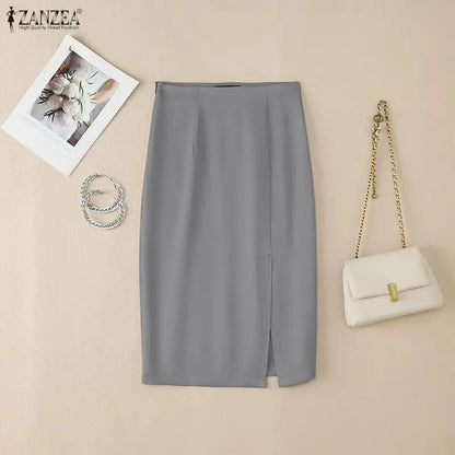 ZANZEA Women's High Waist Pencil Midi Skirt Office Lady Elegant Side Split Bodycon Skirts Casual Solid Color Woman Bottoms S-3XL