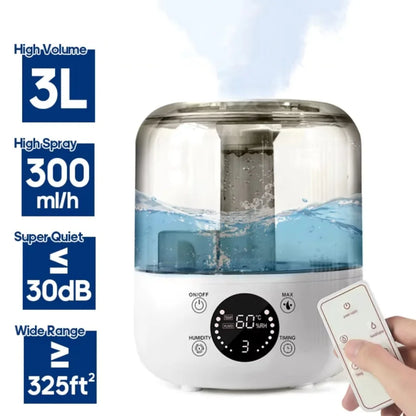 3000mL Smart Air Humidifier with Dual Mist Output: Essential Oil Aroma Diffuser for Home & Office, Equipped with Adjustable Fog