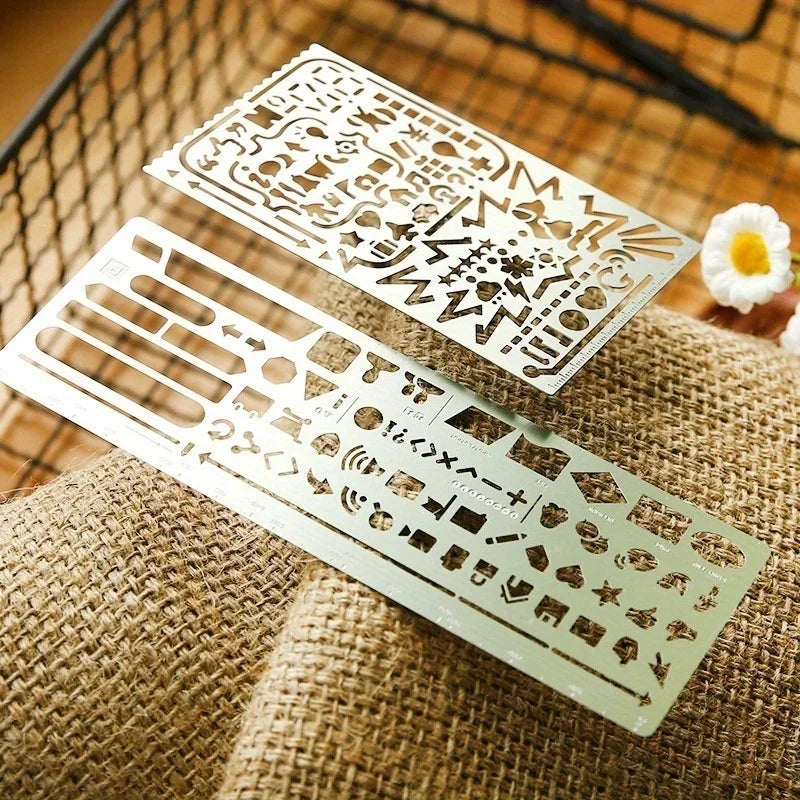 2pcs/set Vintage Portable Stainless Steel Stencils Hollow Ruler Planner Travel Diary Notebook DIY Tool Template Gift Stationery