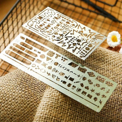 2pcs/set Vintage Portable Stainless Steel Stencils Hollow Ruler Planner Travel Diary Notebook DIY Tool Template Gift Stationery