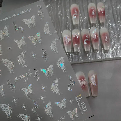 Shiny Jelly Butterfly Charming Golden Gradient Bowknot 5D Self Adhesive Nail Art Sticker Flower Petal Rhinestone Manicure Decals