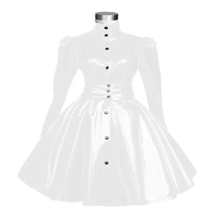 Plus Size Sweet Girl Mini Dress PVC Leather High Neck Button Pleated  A-line Dress Preppy Style Back Zipper Long Sleeve Dress