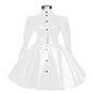 Plus Size Sweet Girl Mini Dress PVC Leather High Neck Button Pleated  A-line Dress Preppy Style Back Zipper Long Sleeve Dress