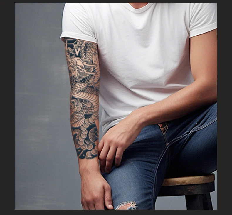 Dragon Full Arm Waterproof Temporary Tattoo Sticker, Long-lasting for 1-2 weeks, Realistic Semi-Permanent Fake Tattoo
