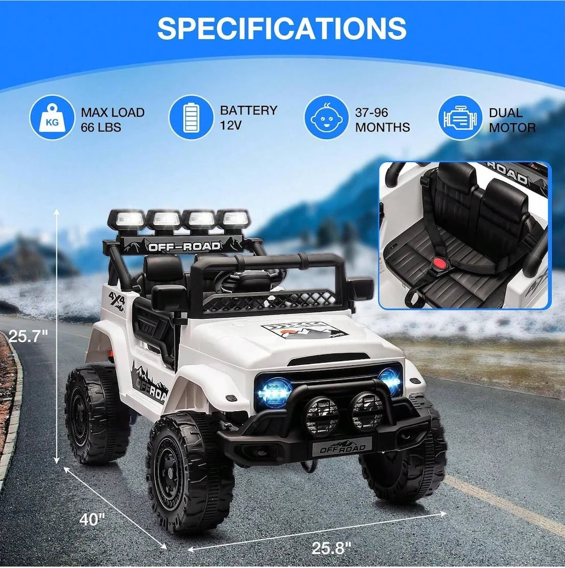 HAUSPROFI 12V Off-Road Ride-On Electric Car Toys for 3+ Years,With LED Lights,Remote Control,Seat Belt ,Bluetooth, 3-Speeds, Suspension
