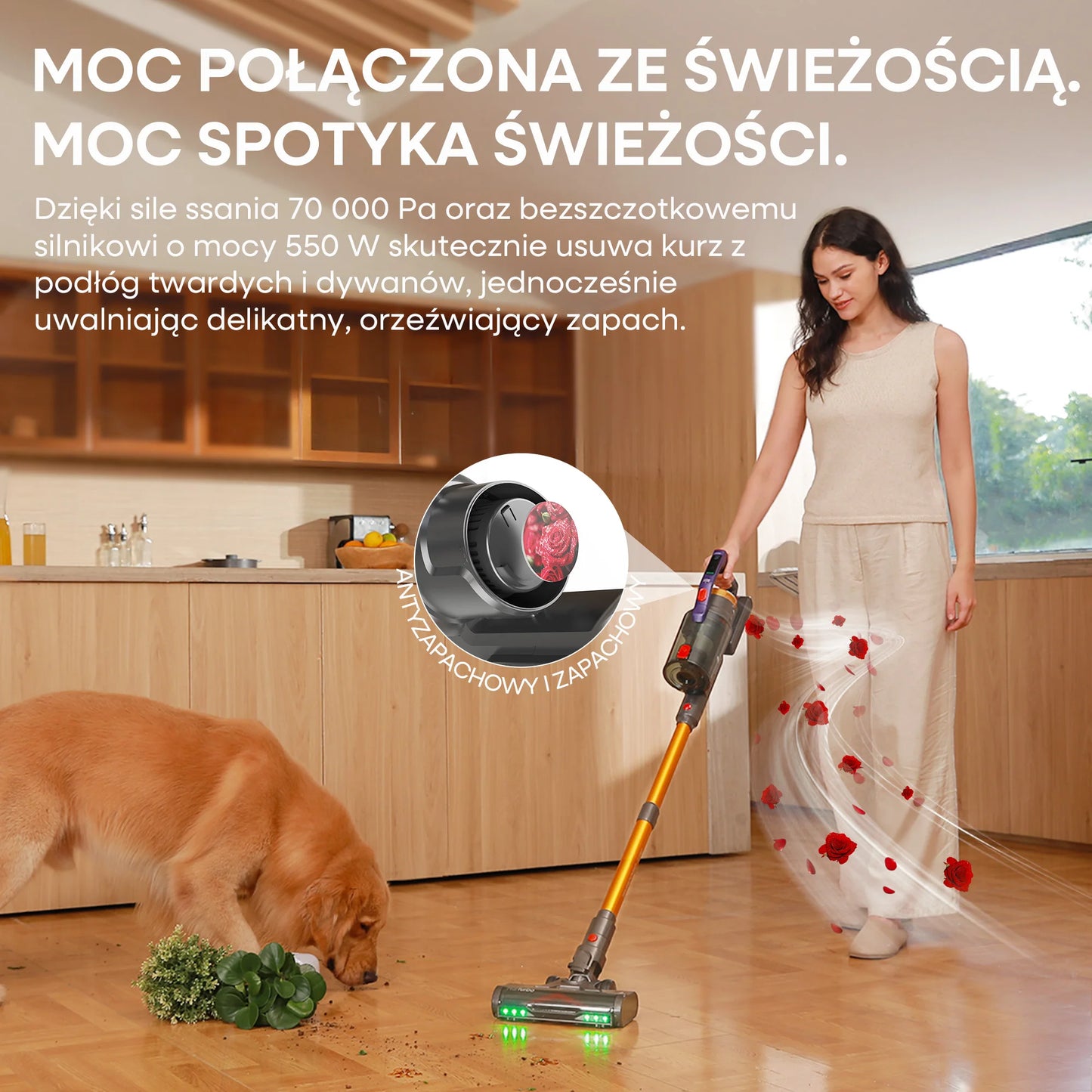 Erabros EV7 Cordless Vacuum Cleaner 70KPa 550W Handheld Stick Vacuum, 70Min Runtime, with Charging Storage Base, Anti-Tangle Brush, with Aroma Design, Powerful Cordless Vacuum Cleaner for Home Clean Carpet Hard Floor Pet Hair