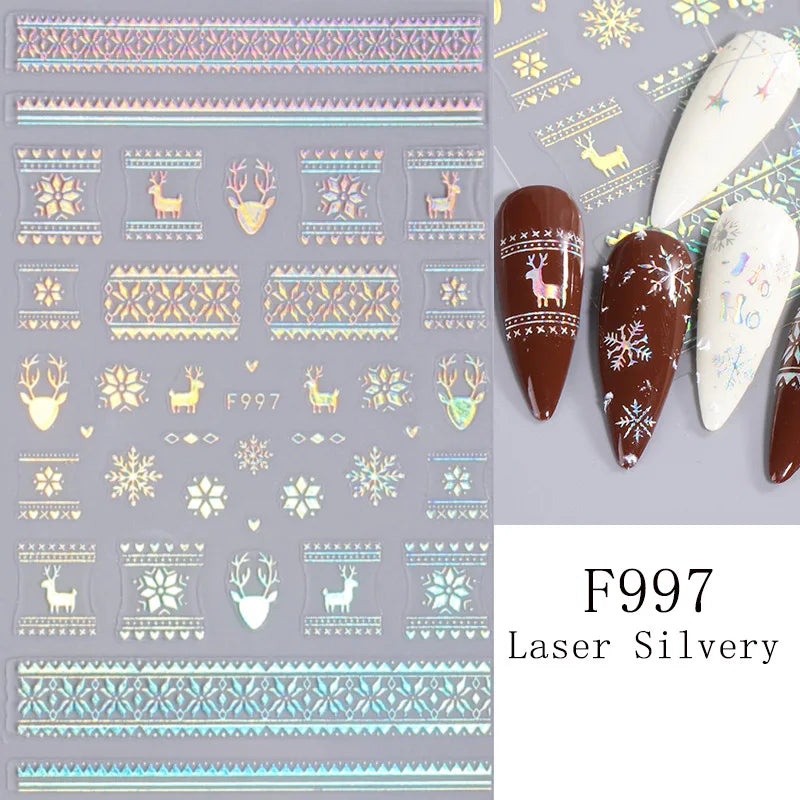 1PCS New Christmas Decorations 2023 New Year Nail Stickers Press on Nails Laser Snowflake Christmas Tree 3D Nail Decal