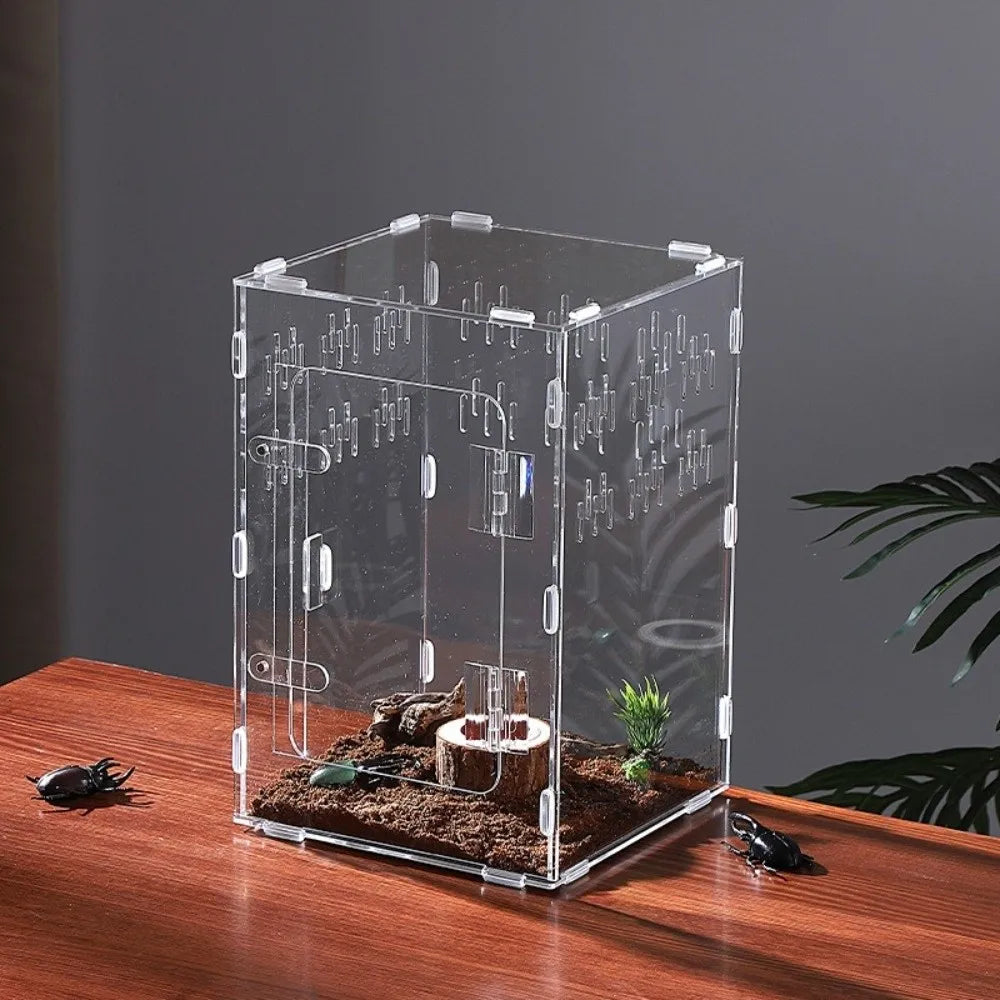 Acrylic Jumping Spider Enclosure 2 Doors Transparent Reptile Feeding Cage Ventilated Design Escape-proof Reptile Habitat