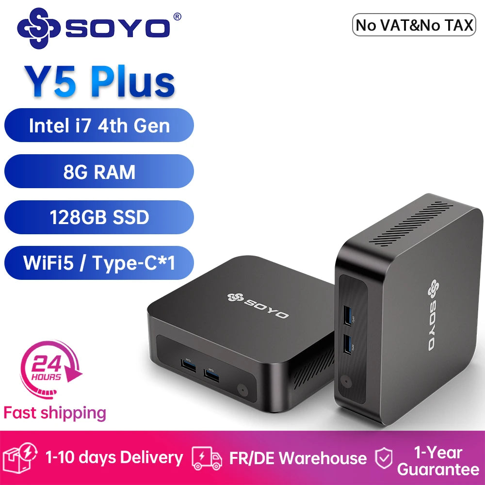 SOYO Y5 Plus Mini PC Intel Core i7 4th Gen CPU with Windows 11 Pro, 8GB RAM, 128GB M.2 SSD, Supports Dual 4K Displays via USB-C, Ideal for Office and Business