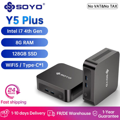SOYO Y5 Plus Mini PC Intel Core i7 4th Gen CPU with Windows 11 Pro, 8GB RAM, 128GB M.2 SSD, Supports Dual 4K Displays via USB-C, Ideal for Office and Business