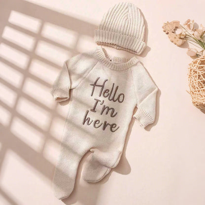 Ylsteed "Hello" Embroidery Knitting Newborn Birth Announcement Outfits Footed Jumpsuit Baby Boy Girl Photography Props Newborn