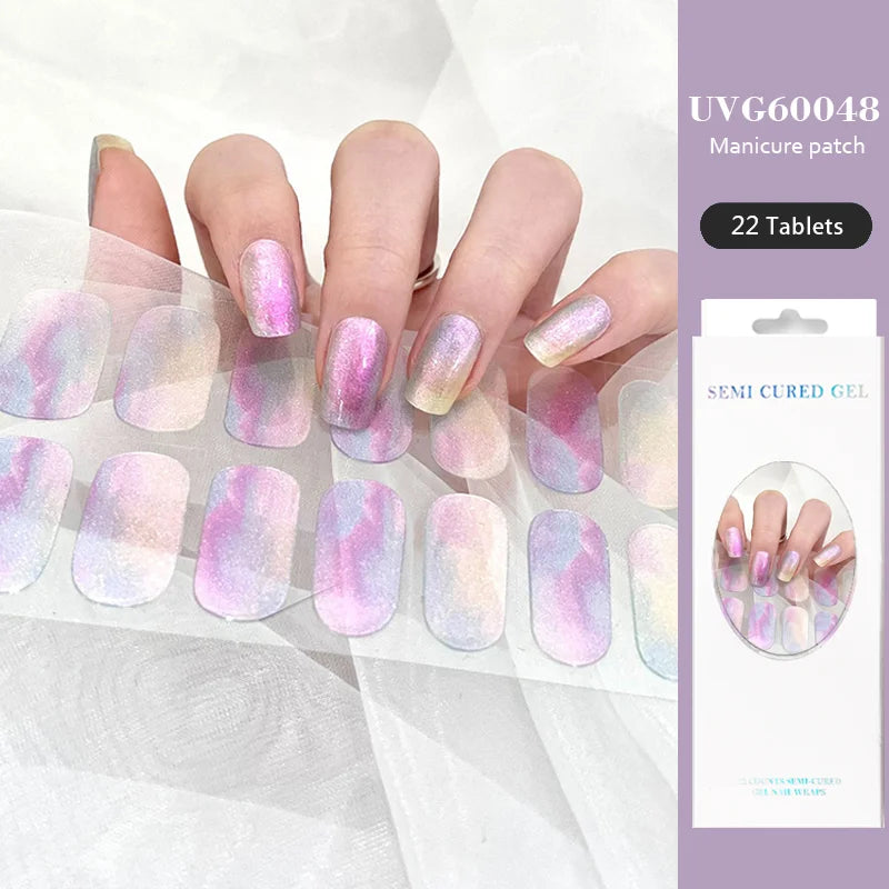 16/22 Tips Semi Cured Gel Nail Stickers for UV Lamp Designer Adhesive Nail Gel Wraps DIY Long-lasting  Nail Decoration