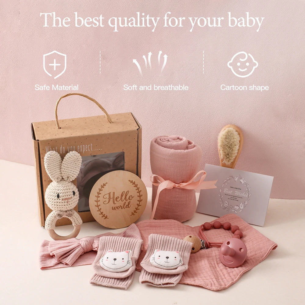 Newborn Bath Set Baby Towel Cotton Blanket Pacifier Chain Bracelet Crochet Rattle Toy Newborn Birth Bath Towel Gift Box