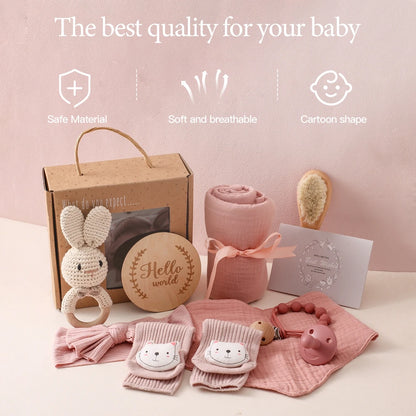 Newborn Bath Set Baby Towel Cotton Blanket Pacifier Chain Bracelet Crochet Rattle Toy Newborn Birth Bath Towel Gift Box