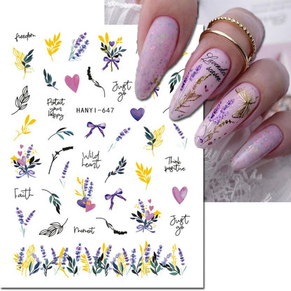 3d Nail Art Decals Watercolor Florals Purple Green Pink Flowers Leafs Fruit Adhesive Sliders Nail Stickers For Manicure