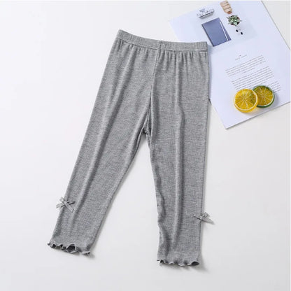 Summer 2026 kids Cropped Leggings Baby Girls Vintage Stripes Elastic Slim Lace cuffs Pants Leggings High Waist Girls Clothing