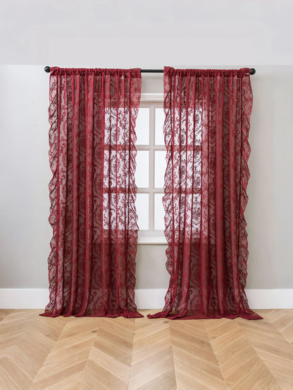 Vintage Burgundy Lace Sheer Curtains, Rod Pocket Ruffled Lace Window Curtains for Living Room Bedroom