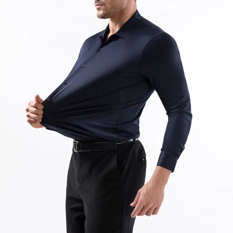 100KG Non-Iron Four-way High Stretch Men's Long Sleeve Shirt Silky Soft Sommth Blue Black Business Party Wedding Male Clothing