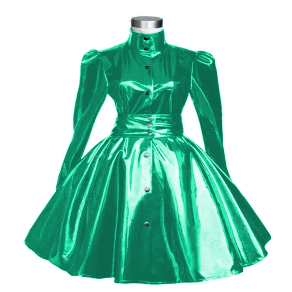 Plus Size Sweet Girl Mini Dress PVC Leather High Neck Button Pleated  A-line Dress Preppy Style Back Zipper Long Sleeve Dress