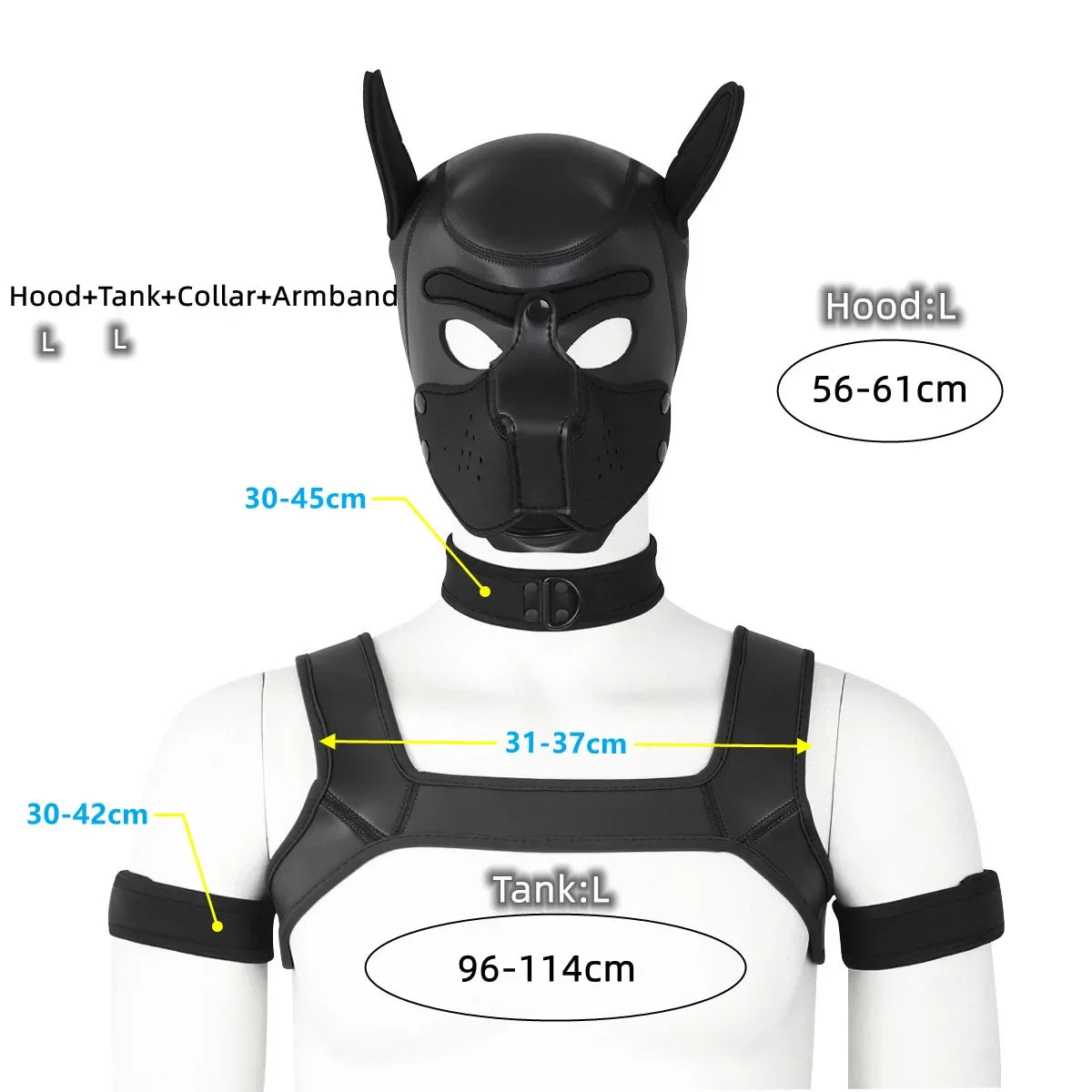 XL Large Size Puppy Cosplay Neoprene Fetish Hood Mask Kit with Chest Strap Collar Armband Sex Costumes for Bdsm Slave Role Play