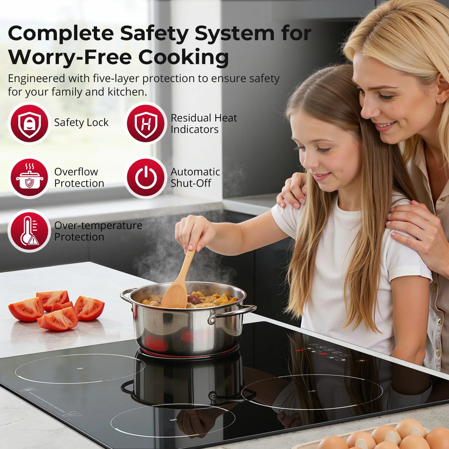 6000W Built-in Ceramic Hob, 4 Zone Induction Cooktop with Touch Control, 9 Power Levels, Timer & Child Lock, 60cm Black Glass