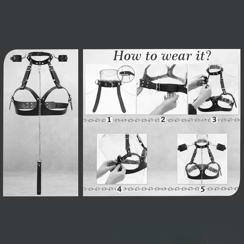 Adjustable Handcuffs and Leg Cuffs PU Collar and Bra Couple Toys BDSM Training Bondage Sex Toys SM Slave Props for Men and Women