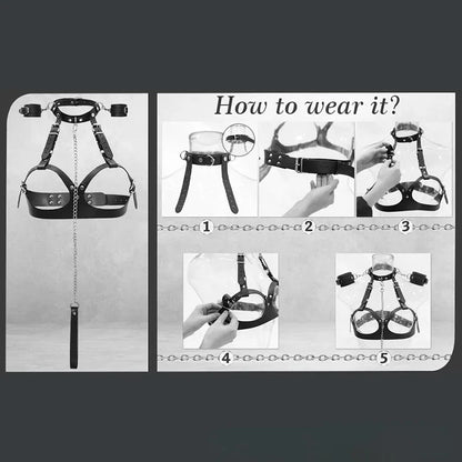 Adjustable Handcuffs and Leg Cuffs PU Collar and Bra Couple Toys BDSM Training Bondage Sex Toys SM Slave Props for Men and Women