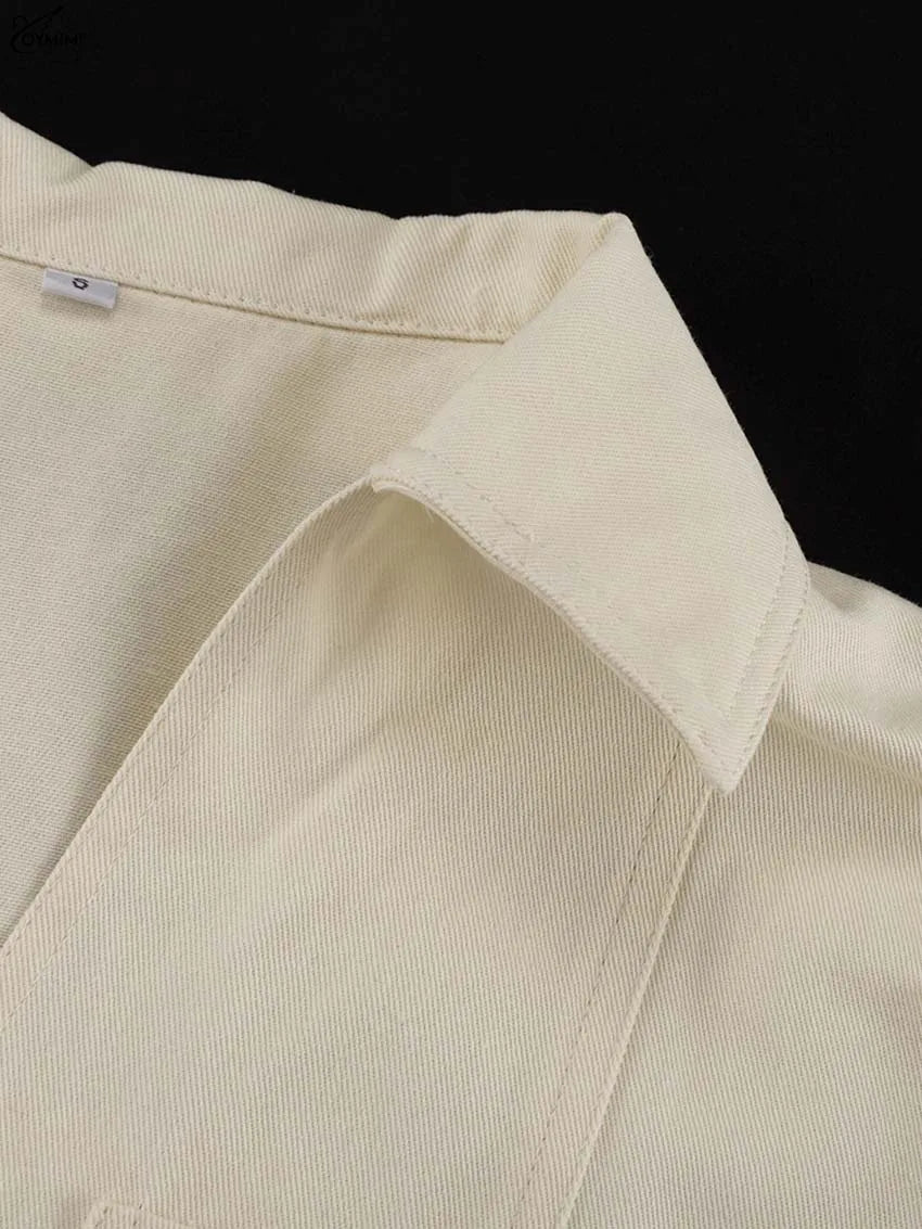 Oymimi Fashion Beige 2 Piece Sets Woman Outfit Elegant Lapel Short Sleeve Pockets Side Slit Shirts And High Waisted Shorts Sets