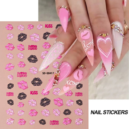 1sheet 5D Sexy Red Lips Nail Decal Stickers KISS Love Heart Valentine's Day Self-adhesive Nail Slider DIY Romantic Nail Decor